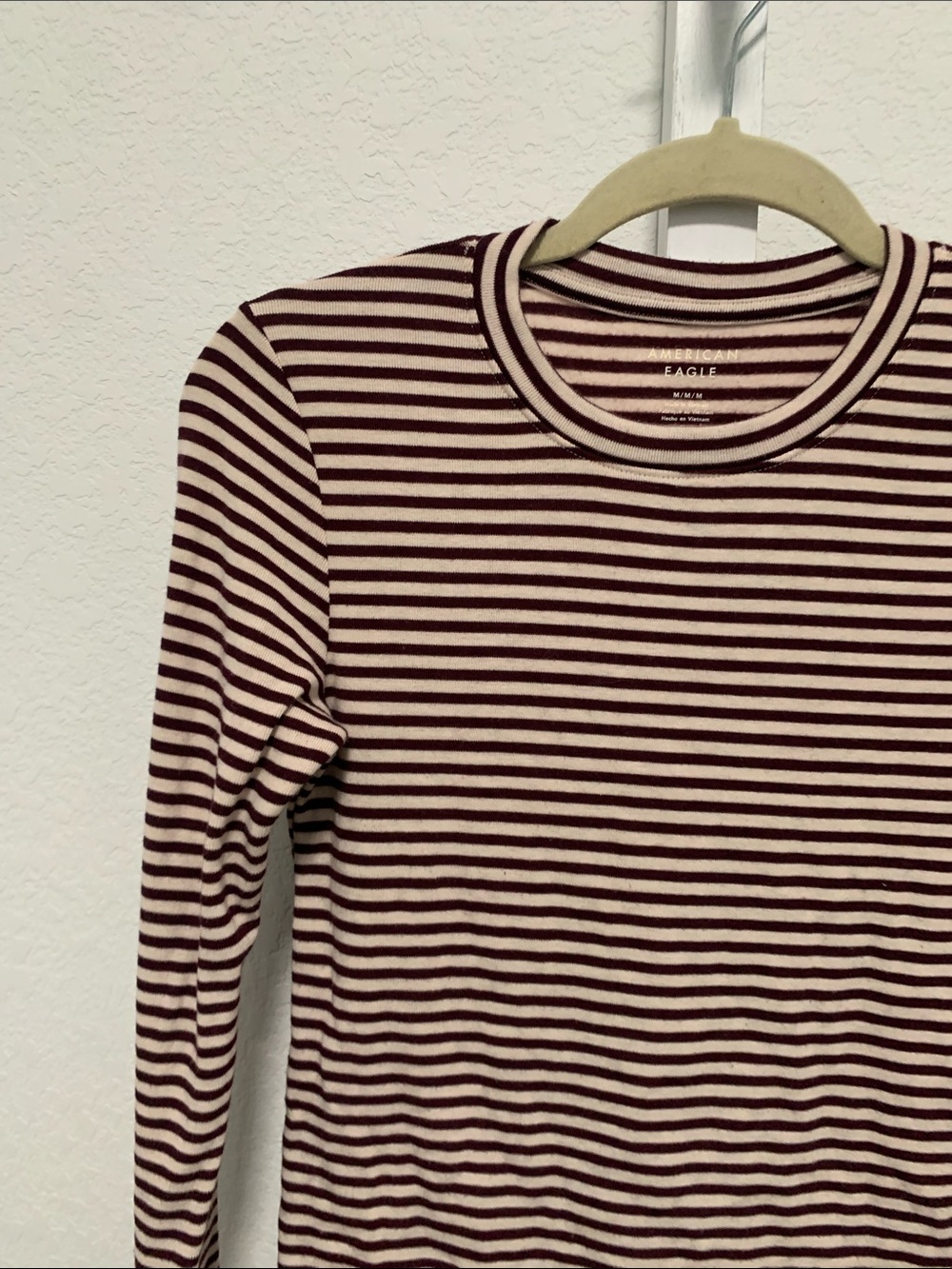 American Eagle Dark Purple Cream Striped Long Sleeve Crewneck Top - Picture 3 of 8